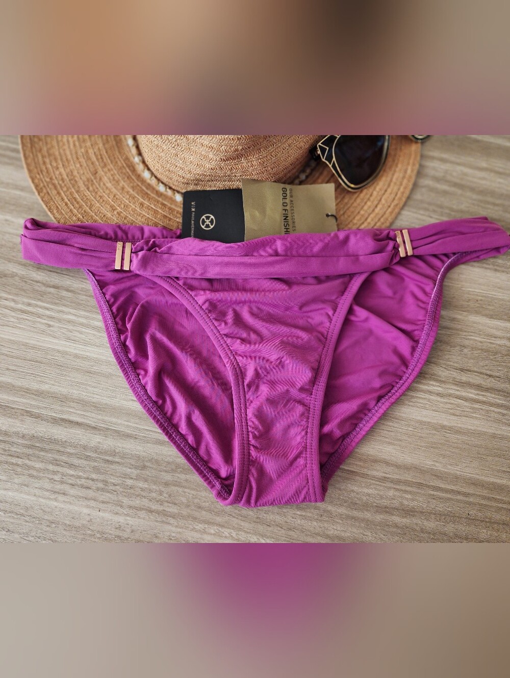Women's Magenta Bikini Bottom with Gold Accent Solid Bia Full Coverage Sz Small